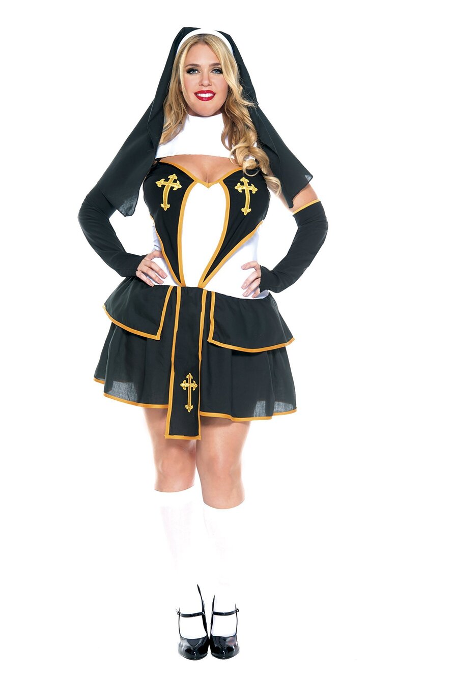 9152 Plus-Size Flirty Nun, Black/White/Gold, 1X/2X